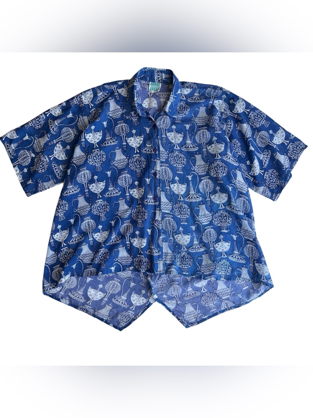 Vintage Anokhi India Blue Vessel Print Blouse Split Back Button Down Size 12